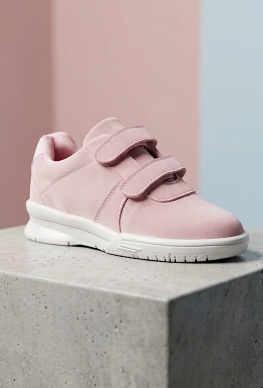 Pink velcro kids sneaker on a stone block