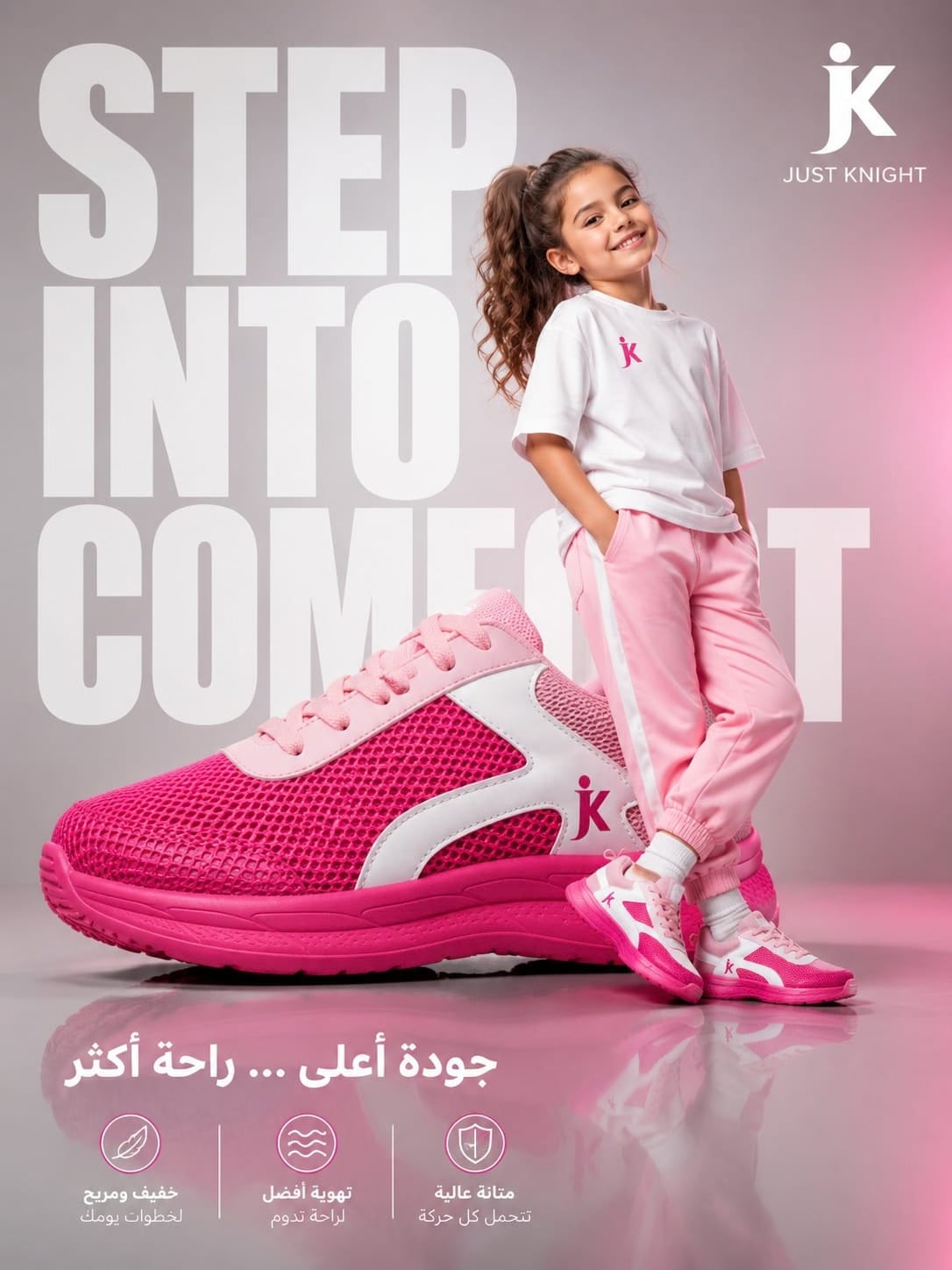 Girl wearing pink Just Knight kids sneakers