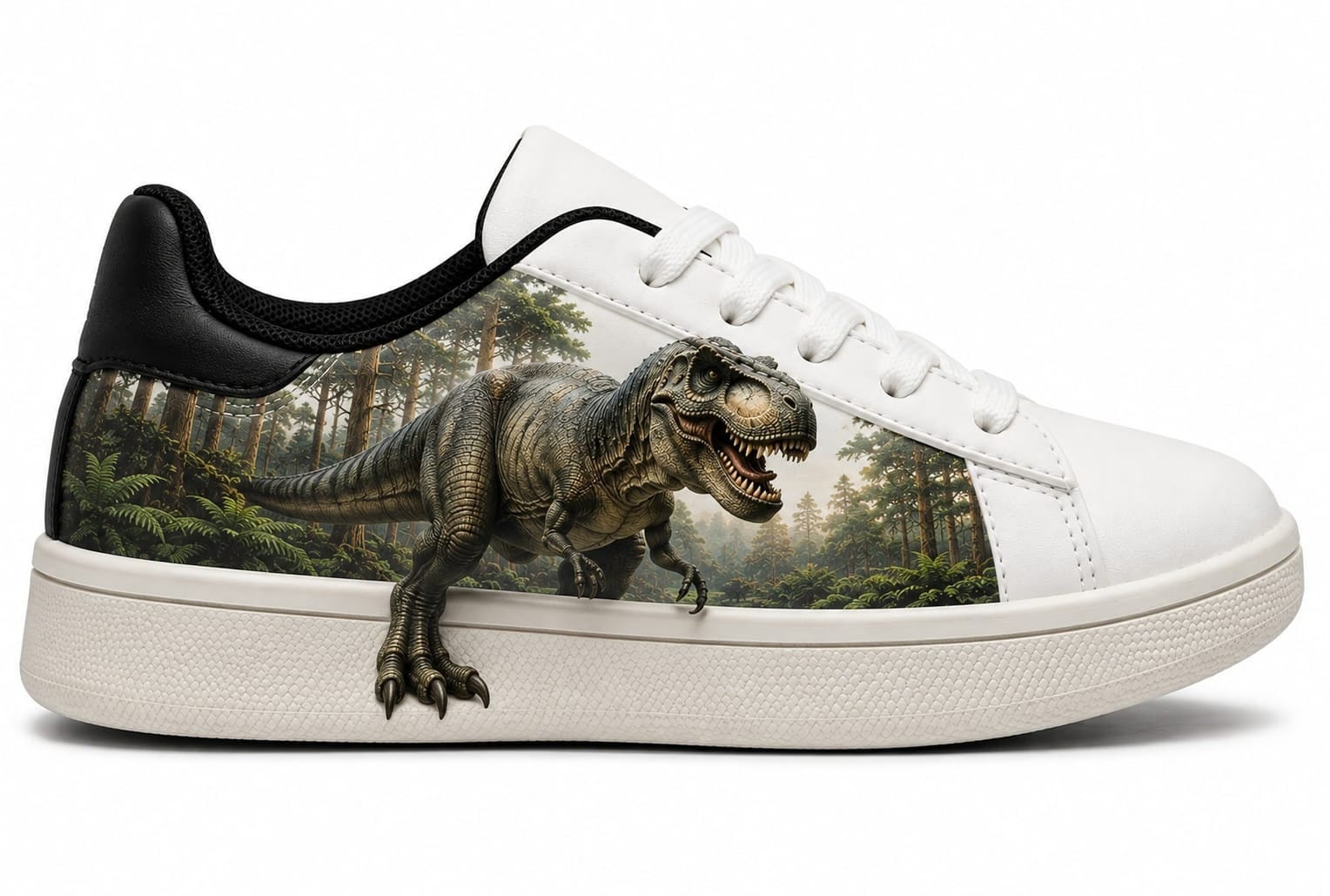 White sneaker with dinosaur print